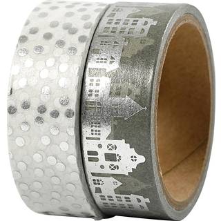 Sølv Masking Tape med Huse og Prikker - 15 mm, 2x4m