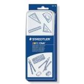 STAEDTLER Matematiksæt 10 Dele Indeholder: En 15 cm lineal, en 180° vinkelmåler, sæt med 45° og 60° tegnetrekanter, blyantspidser, viskelæder, blyant, passer, divider og bogstavskabelon.