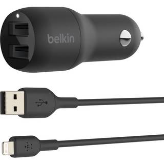 Belkin BoostCharge Dual USB-A biloplader 24W - autolader USB-A - Lightning -kabel, sort