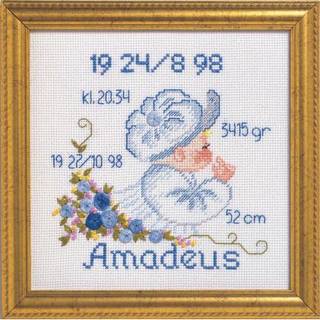 Broderikit Dåb Amadeus R 5420/82 19 x 19 cm Skab et unikt dåbsminde med broderi Mål: 19x19 cm uden ramme 12 DMC farver, livligt udført Smukt motiv med delikate detaljer Inkluderer mange broderisting teknikker.