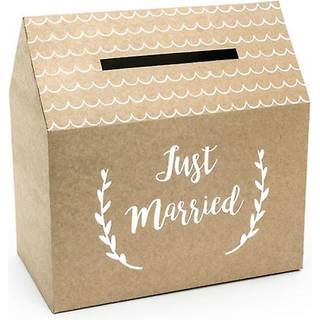 1 stk. Just Married bryllupskortboks i kraftpapir, 30x30.5x16.5cm, rustikt design
