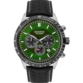 Sekonda Chronograph Quartz Green Dial Black Leather Strap Men's Watch 1937