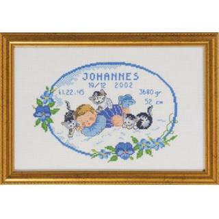 Broderikit Baby Johannes 29 x 19 cm R5425/82 Perfekt til babyværelser. Dimensioner: 29x19 cm. Elegant broderet i korssting. 15 smukke DMC Mouliné farver. Billede med sødt barndomsmotiv.
