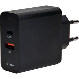Deltaco Dual USB Wall Charger, 1x USB-A, 1x USB-C, Black