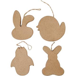 Påskeophæng, kaninhoved, kylling, kylling i æg og hare, 4 stk Håndlavede påskefigurer af papmaché med ophængssnor i hør. Pk. med 4 design.