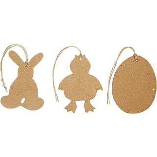 Påskeophæng, hare, kylling, æg, 6 stk Håndlavede, flade påskefigurer af papmaché med ophængssnor i hør. Kan bruges som tags. Pk. med 3 design.