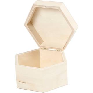 Elegant sekskantet æske i lyst træ, 12x7 cm