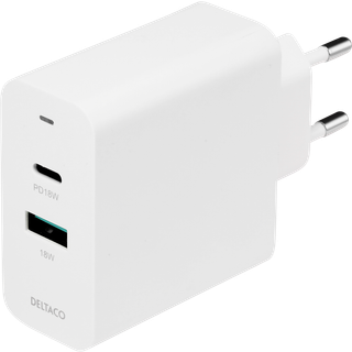 Deltaco 230V USB-A/USB-C PD oplader - 18W - Hvid