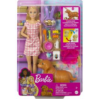Barbie and Newborn Pups Color Change - dukke med hund og 3 hvalpe og udstyr - med vandeffekter