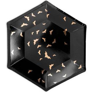 6 stk. Halloween Tallerkener Sort Guld 20 cm – Skab uhygge med stilfulde flagermus
