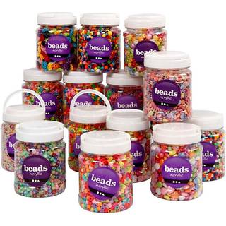 Plastperler, str. 6-15 mm, hulstr. 1,5-6 mm, ass. farver, 16x700 ml/ 1 pk.