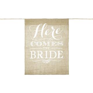 1 stk. Burlap bryllupsgangskilt med hvid skrift "Her kommer bruden" 41x51 cm til romantisk bryllup