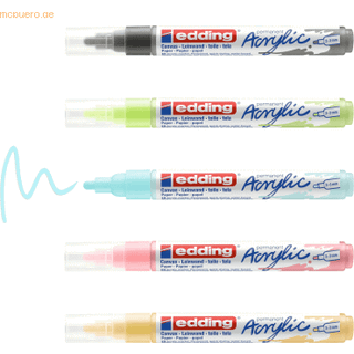 Edding 5100 akrylmark?r - Gul Blue Green Rose Grey - Akrylmalingsmark?rer 5 -pakning (pastel) - Runde nib 2-3mm - Akrylmark?r til Pebbles l?rred