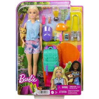 Barbie Camping legesæt - blond dukke med turudstyr, rygsæk, sovepose og hvalp