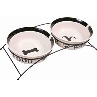 Trixie Food/Water bowl set ceramic/metal 2 × 2.6 l/ø 25 cm/54 × 12 × 24 cm white/black