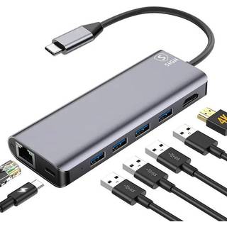 SiGN 7-i-1 USB-C-hub HDMI RJ45 USB-C, maks. 100W, 20V, 5A - Grå
