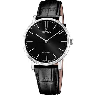 Festina Swiss Made herreur i stål med sort skive og sort læderrem