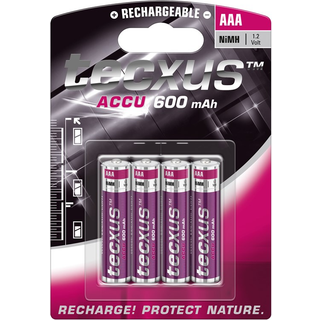 Tecxus Genopladelig Ni-MH batteriAAA, 1.2V, 600mAh, 4-pakk
