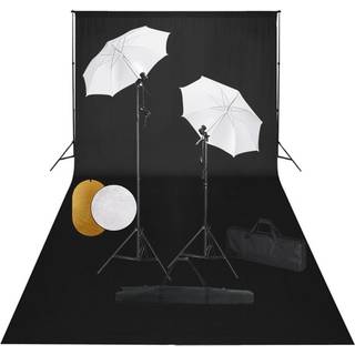 fotostudieudstyr med lamper, paraplyer, baggrund og reflektor