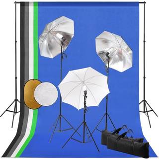 fotostudiesæt m. lamper paraplyer + fotobaggrund og reflektor