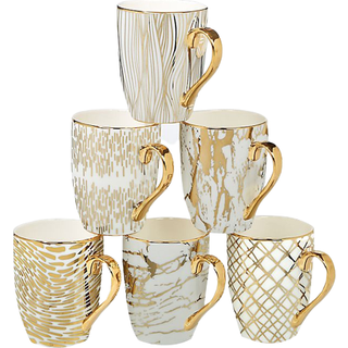 Certified International Matrix 16 oz guldbelagte krus, Sæt med 6 – Forskellige gulddesigns på hvidt porcelæn