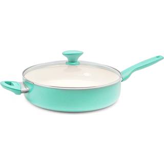 Greenpan Rio Sunde keramiske nonstick 5qt Saute Pan Jumbo komfur med hjælperhåndtag og låg PFAS-fri opvaskemaskine Safe turkis