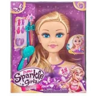 Sparkle Girlz stylinghoved med tilbehør: prinsessehår, hårbørste og farverige striber til kreativ leg