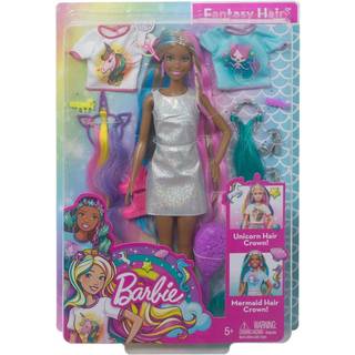 Barbie Fantasy Hair Doll & Accessories Lang farverig brunettehår med havfrue og enhjørnetinspireret tøj