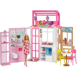 Barbie Fold and Go dukkehus med 2 etager og 4 rum - fuldt møbleret - dukke og tilbehør inkluderet - 76 cm