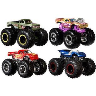Hot Wheels Monster Trucks 4-Pack 1:64 Skala Sæt med 4 legetøjskøretøjer med kæmpehjul til børn og samlere (stilarter kan variere)