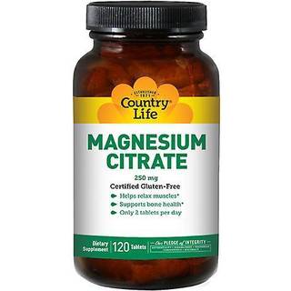 Country Life Magnesium Citrate 250mg 120 tabletter certificeret glutenfri certificeret vegansk ikke-GMO-verificeret certificeret halal