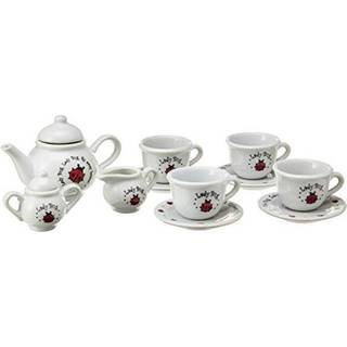 Schylling mariehøne porcelæns te-sæt - 13-delt, hvidt, med tekande, sukkerskål, flødekande, 4 kopper og underkopper (Fra 8 år)