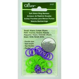 Clover Markeringsringe, Bløde (grøn/lilla) 30 stk., heraf 10 små og 20 store ringe. Runde, bløde plastikringe til markering af start og slutning af maskerne i et evt. strikkemønster.
