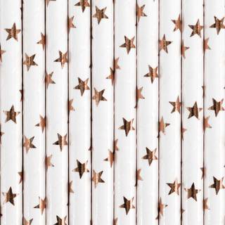 Sugerør hvide med rosegold stjerner 10 stk