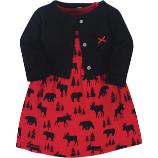 Hudson Baby Girls 'Cotton Dress and Cardigan Set Red Moose Bear 0-3 måneder