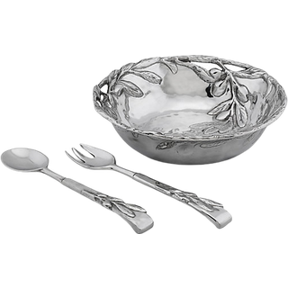 Arthur Court Sand-Cast Aluminium Salad Set; Olivmönster 3 stycken 2 servrar och sallad serverande skål 12,5 tum diameter