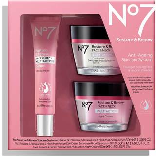 No7 Restore & Renew Face & Neck Multi Action Skincare System - SPF 30 Day Cream med Vitamin C & Collagen Peptides + Anti Aging Facial Serum + Hya
