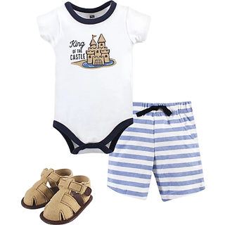 Hudson Baby Unisex Baby Bomuld Bodysuit Shorts og Sko S?t Sandcastle 3-6 m?neder