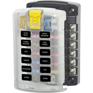 Sikringsholder Blue Sea Systems ST Blade Fuse Block, til 12 fladstiftsikringer, M4 + M5, 32 V DC, 100 A