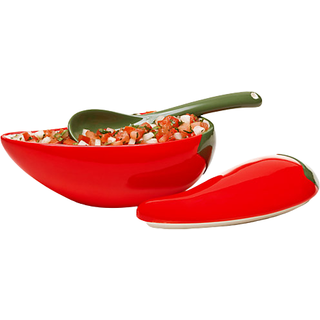 Prepworks by Progressive Chilipeber Salsa Skål med Ske - Håndmalet Keramik, Opvaskemaskinesikker, Inkluderer låg til dips og pico de gallo