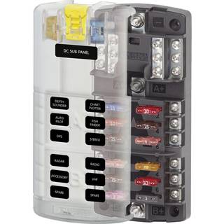 Sikringsholder Blue Sea Systems ST Blade Split Bus Fuse Block, til 12 fladstiftsikringer, M4 + M5, 32 V DC, 100 A