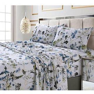 Tribeca Living California King Bed Sheet Set 300 trådtælling Blød bomuldssaten blomsterprint med ekstra dybe lommer 4-delt sengetøj sæt Amalfi Bl