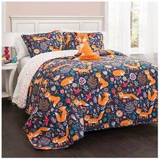 Lush Decor Pixie Fox Reversible Quilt Set 4 Piece Set Full/ Queen Navy & Orange - Senget?jss?t til piger - Whimsical Quilt til Kids & Toddlers -