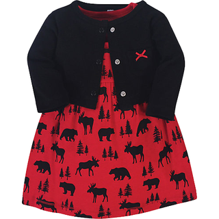 Hudson Baby Girls 'Cotton Dress and Cardigan Set Red Moose Bear 12-18 måneder