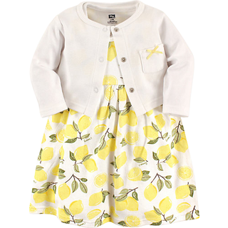 Hudson baby pigeres bomuldskjole og cardigan sæt citron 9-12 måneder