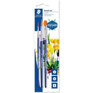 STAEDTLER Penselsæt, 3 stk 3 stk syntetiske pensler fra STAEDTLER med størrelserne rund 2, rund 8 og firkantet 8. Penslerne kan bruges til akvarel-, akryl-, olie- og gouachemaling samt vandopløselige farveblyanter og -kridt.