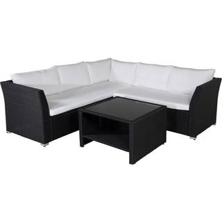 Haiti hjørne loungesofa med hvide hynder og bord i sort rattan