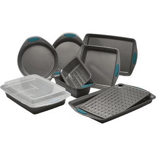Rachael Ray Nonstick Bakeware Set med greb inkluderer nonstick brød / bagepander cookie / bageplade og kagepander - 10 stykke grå med marine blå