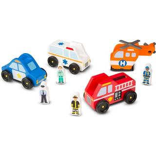 Melissa & Doug Emergency Vehicle Wood Play Set med 4 køretøjer 4 Play Figures