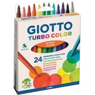 Giotto Turbo Color Tusser, 24 stk Sæt med 24 tusser med fiberspids fra Giotto Turbo Color. Ass. farver. Stregbredden på tusserne er 2,8 mm. Den vandbaserede blæk kan let vaskes af tøjet.